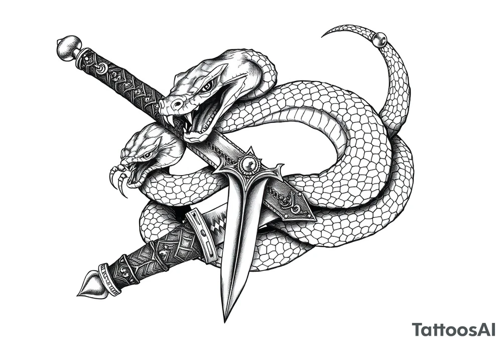 mystical snake coiled around an ancient dagger with jeweled hilt tattoo idea