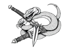 mystical snake coiled around an ancient dagger with jeweled hilt tattoo idea