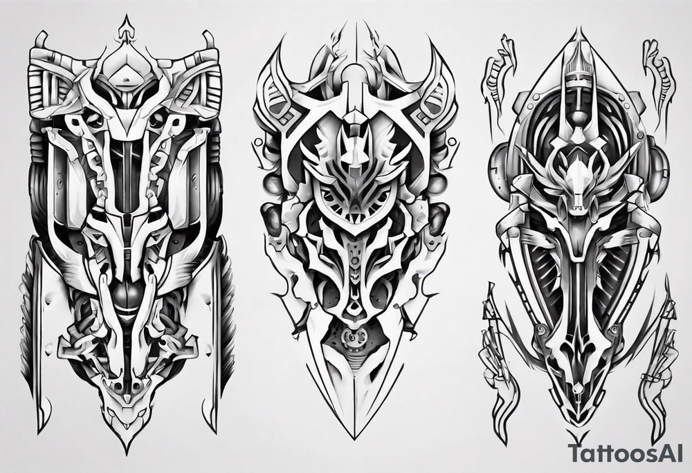 Leg armor mechanical symmetrical tattoo idea