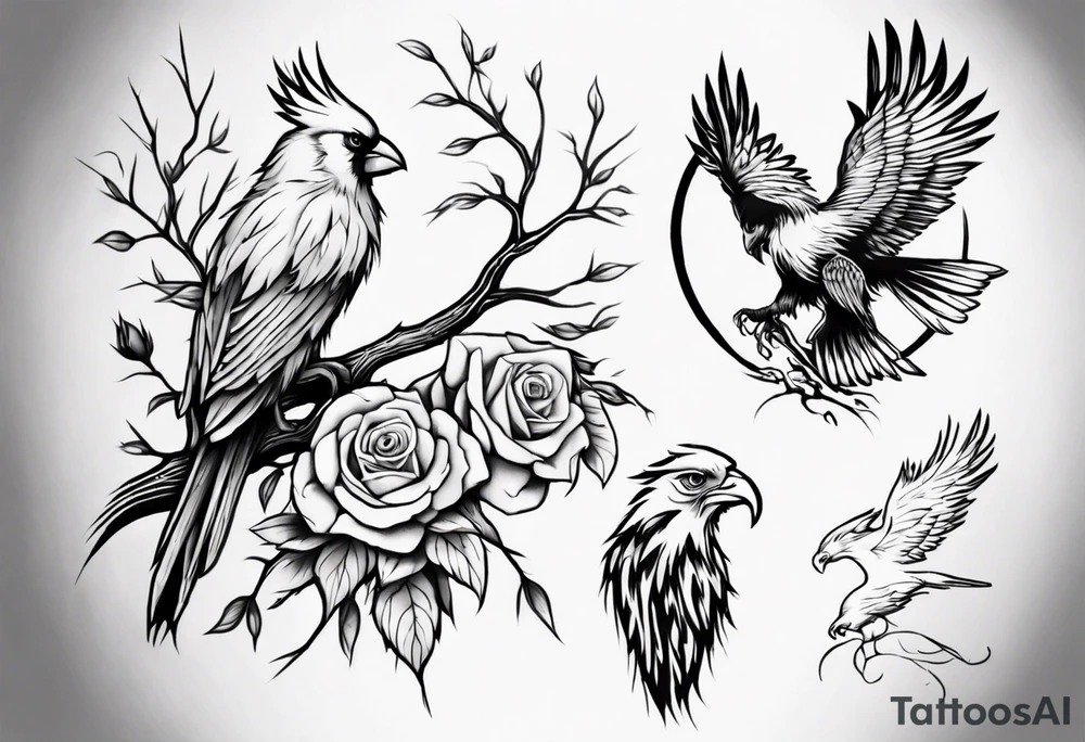 A full sleeve Willow tree with a cardinal holding a rose and a eagle tattoo idea