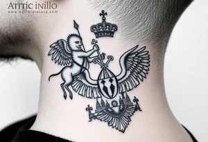 St. George slaying the dragon (hugely common in Russian Orthodox art)
Russian imperial crown above the eagle
Crossed swords or a Russian sabre
The Kremlin or St. Basil's Cathedral scene tattoo idea