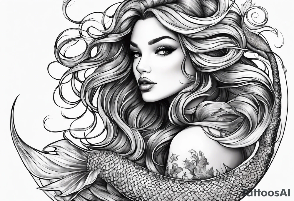 sexy full bodied mermaid with flowing tail and hair, tattoo sleeve tattoo idea