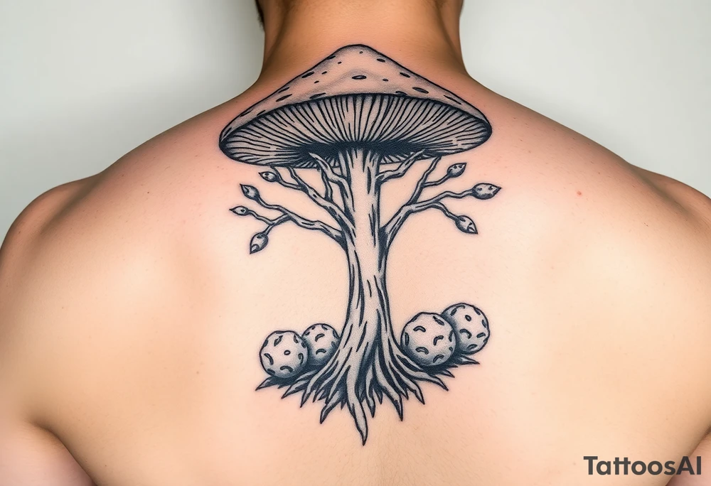 Magic mushroom with truffles growing underneath with the tree of life symbol but with mushroom tattoo idea