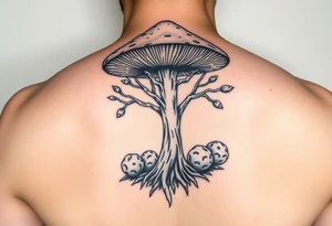 Magic mushroom with truffles growing underneath with the tree of life symbol but with mushroom tattoo idea