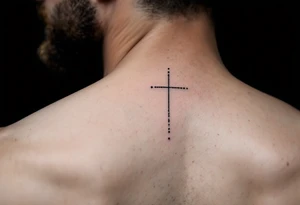 AA simple dot-style cross binked in deep black, with the word "Strong" in clean sans-serif under the other eye on man face under a man’s right eye. tattoo idea