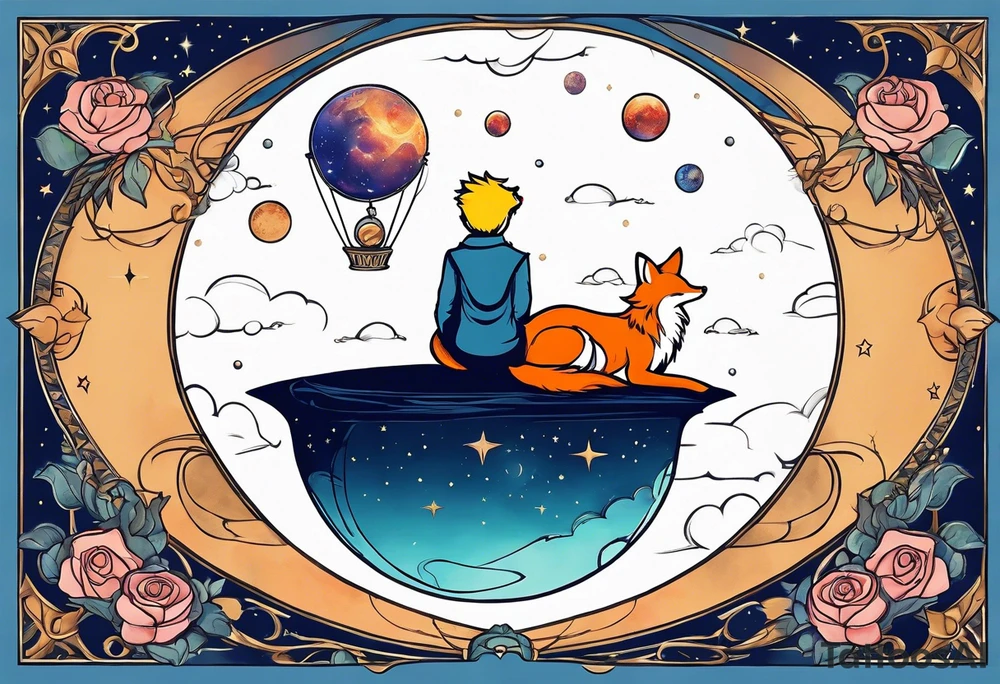 The Little prince sitting on his planet toghether with the fox on his planet besides his rose. Both are watching into the sky tattoo idea