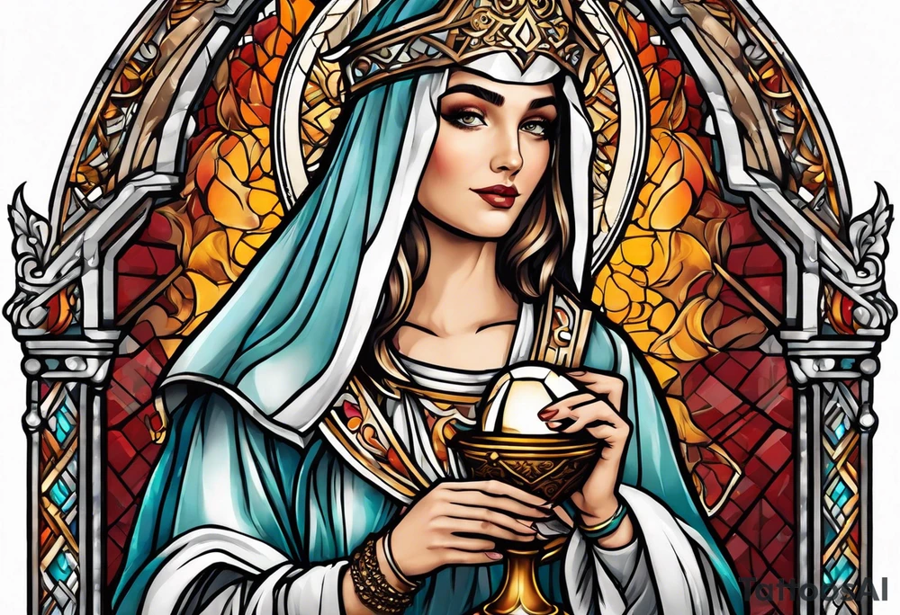Female saint holding a chalice tattoo idea