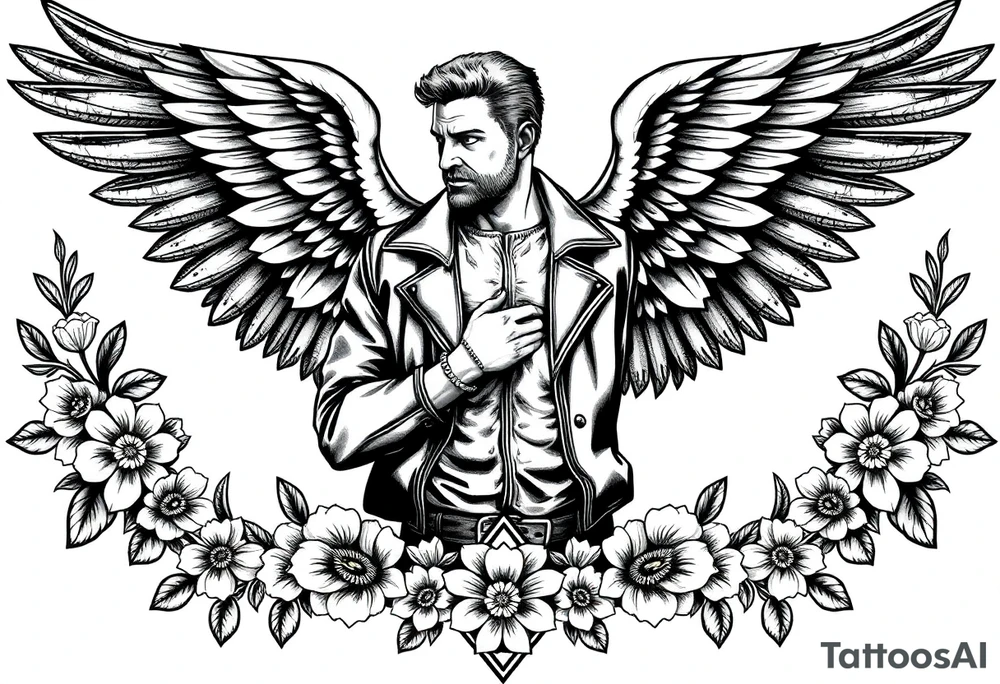 Strong powerful man with wings in leather surrounded by flowers and geometric boarder tattoo idea