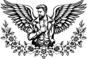 Strong powerful man with wings in leather surrounded by flowers and geometric boarder tattoo idea