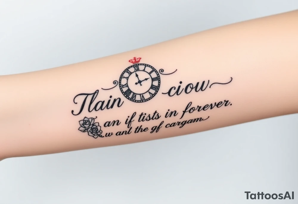 Roman clock with a crown, with roses and a quote that says nothings forever and with a deck of cards gangster chicano style tattoo idea