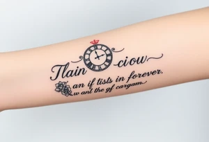 Roman clock with a crown, with roses and a quote that says nothings forever and with a deck of cards gangster chicano style tattoo idea