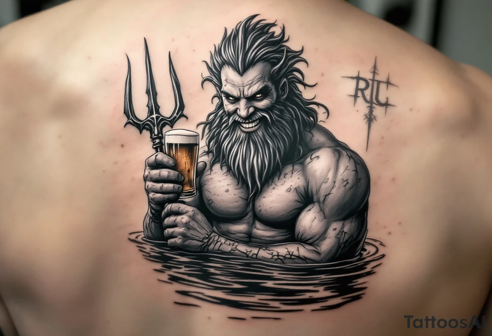 smiling poseidon, with a trident, in calm water, holding a beer tattoo idea