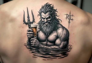 smiling poseidon, with a trident, in calm water, holding a beer tattoo idea