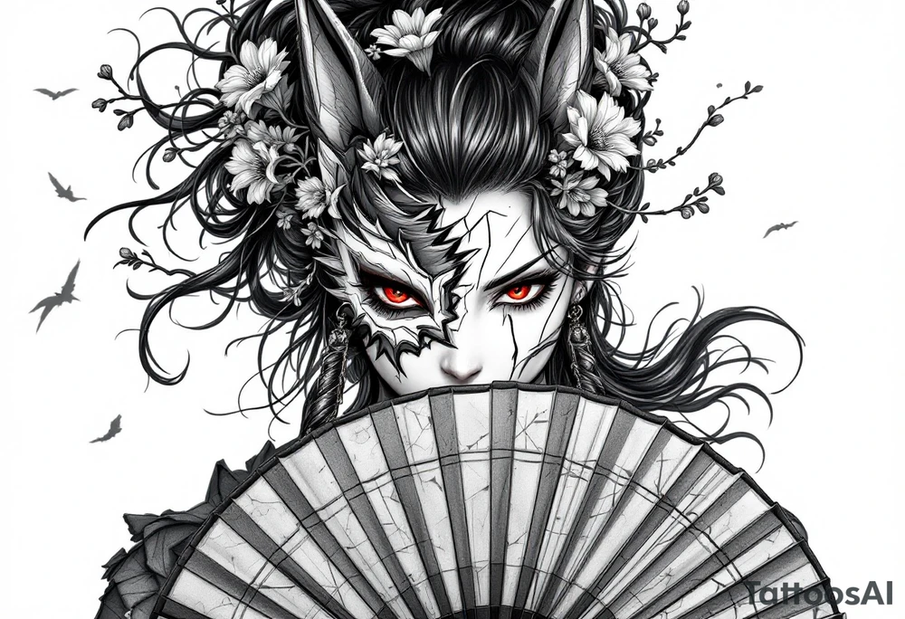 Samurai woman with red eyes wearing an half and broken kitsune's mask on her hair and holding a fan with irises flowers tattoo idea