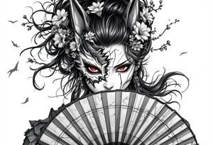 Samurai woman with red eyes wearing an half and broken kitsune's mask on her hair and holding a fan with irises flowers tattoo idea