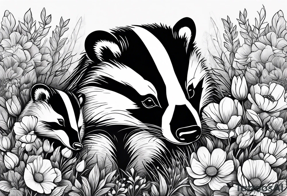 A badger with a cub in a field of flowers, realistic in center and getting more trippy towards the edges tattoo idea