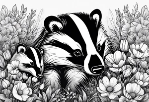 A badger with a cub in a field of flowers, realistic in center and getting more trippy towards the edges tattoo idea