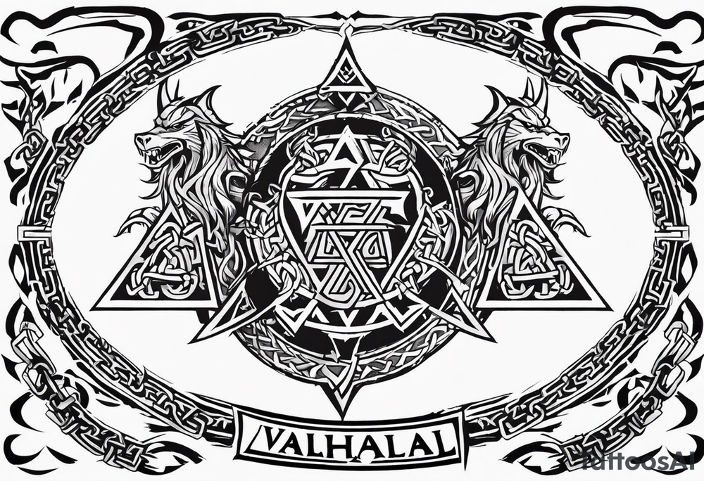 Valhalla sword shield dragon axe Valknut barbed wire chains tribal tattoo idea