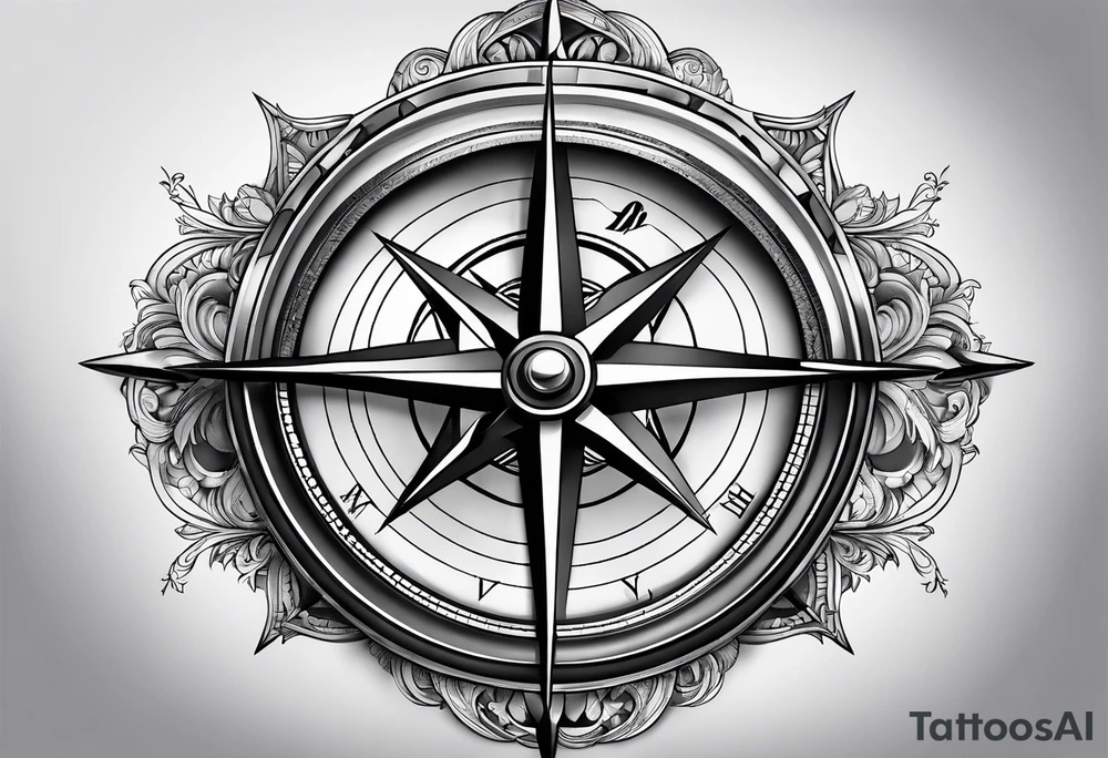 A black and white detailed compass tattoo idea