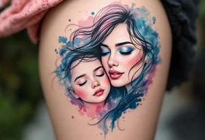 A black line-art portrait of a mom and daughter with flowing hair blending into watercolor shades of blue and pink. tattoo idea