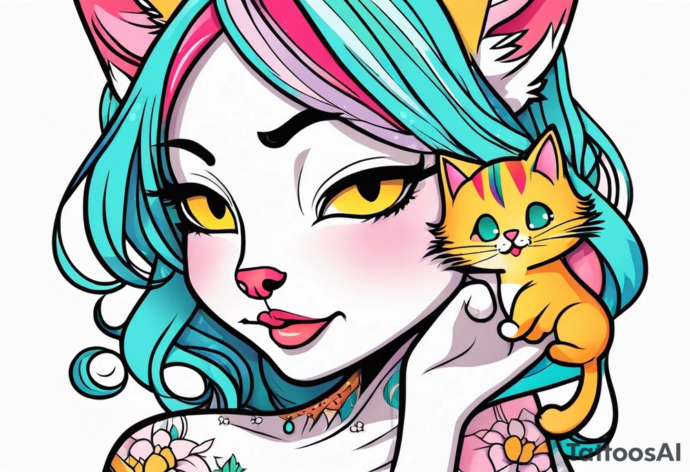 Sexy cat waifu with her ears being rubbed tattoo idea