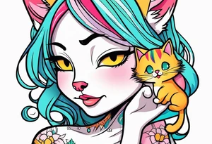 Sexy cat waifu with her ears being rubbed tattoo idea