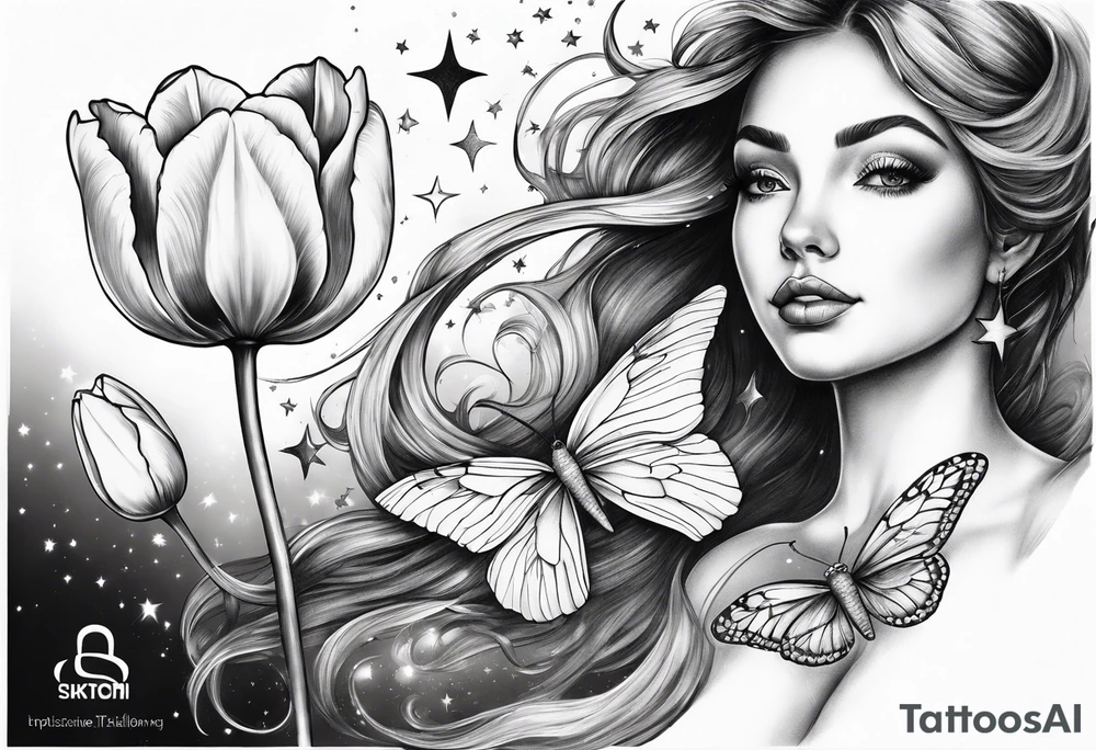 a fairy flying into a tulip with stars in the sky tattoo idea