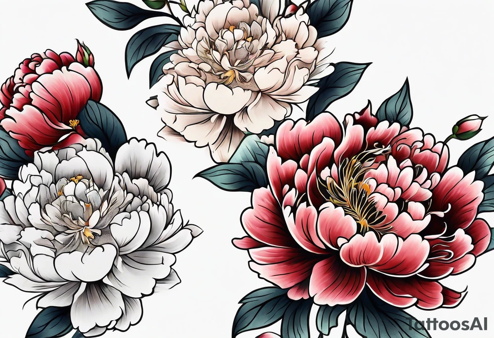 Shoulder and forearm tattoo for woman. Japanese style peony flowers bunch with stems extended to the forearm. Lightly coloured. Thin lines. tattoo idea