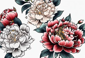 Shoulder and forearm tattoo for woman. Japanese style peony flowers bunch with stems extended to the forearm. Lightly coloured. Thin lines. tattoo idea