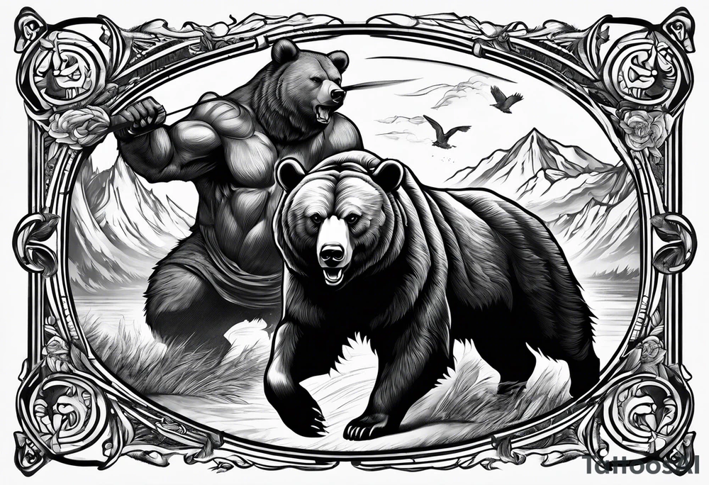 I want a sleeve tattoo design combining a bear fighting a bull tattoo idea