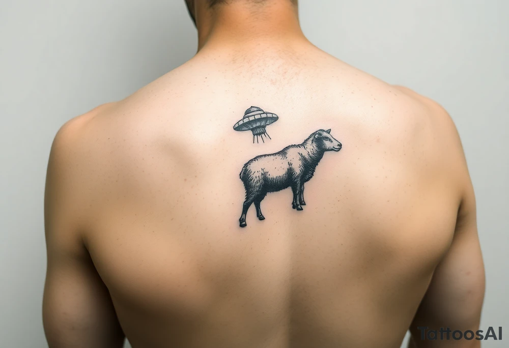 UFO abducting a black sheep. No color. Black and gray scale on back of arm above elbow tattoo idea