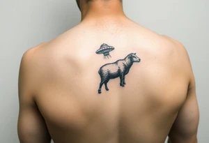 UFO abducting a black sheep. No color. Black and gray scale on back of arm above elbow tattoo idea