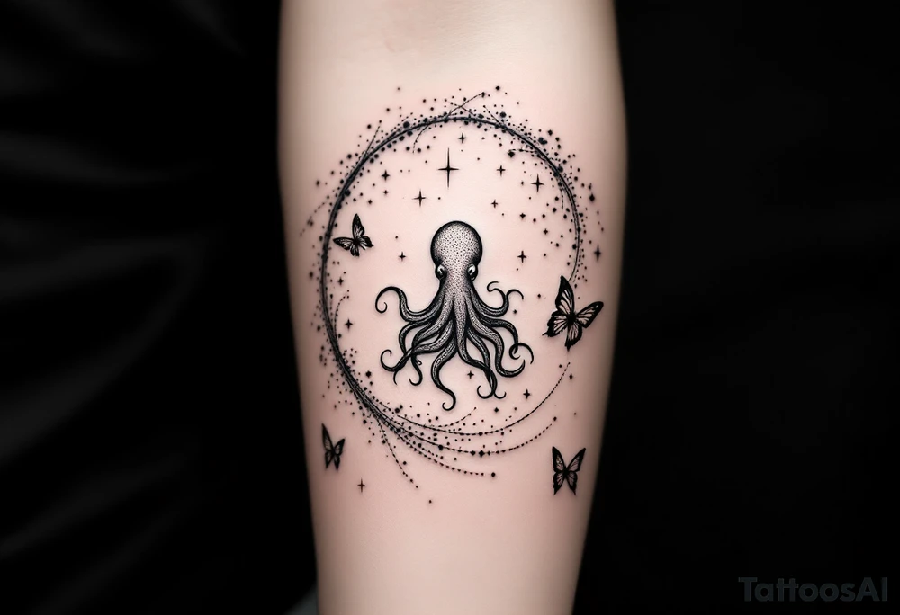 A minimalist dotwork tattoo design in the shape of a spiral galaxy. In the center, a small octopus is subtly integrated into the swirl, with flowing tentacles that extend along the spiral arms. The tentacles transform into elegant, curving lines resembling the flowing tails of koi or betta fish, partially in black ink and partially in fine red lines. Small stars are scattered throughout the galaxy shape, and two delicate butterflies hover near the edges. cosmic abstraction style, dotwork, fine line, with elements of Japanese graphic tattoo flow, minimalist octopus tattoo idea
