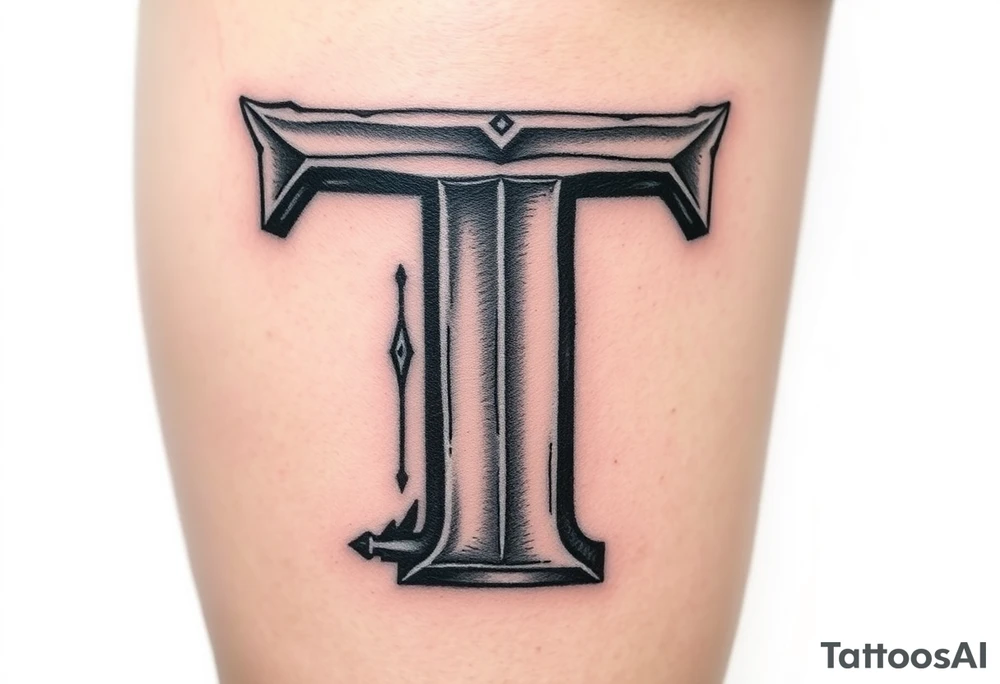 A 3D-styled "T" in steel gray with realistic depth and shading. tattoo idea