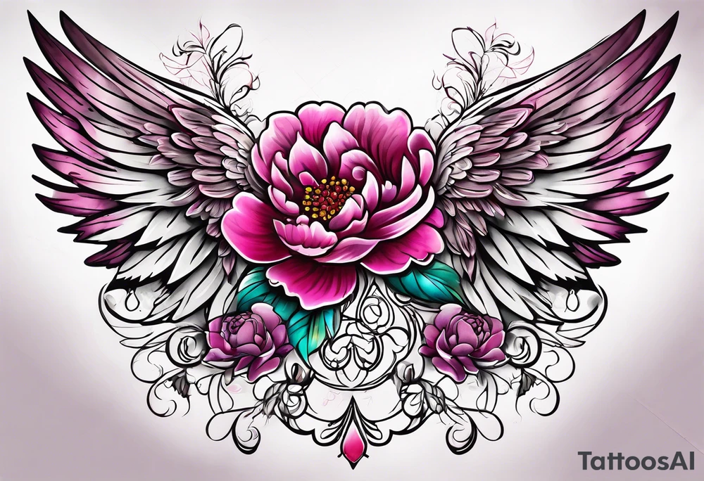 beautiful angel wings with colorful hot pink, burgundy, peonies. beautiful flilligree in the background , full color tattoo idea