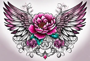 beautiful angel wings with colorful hot pink, burgundy, peonies. beautiful flilligree in the background , full color tattoo idea