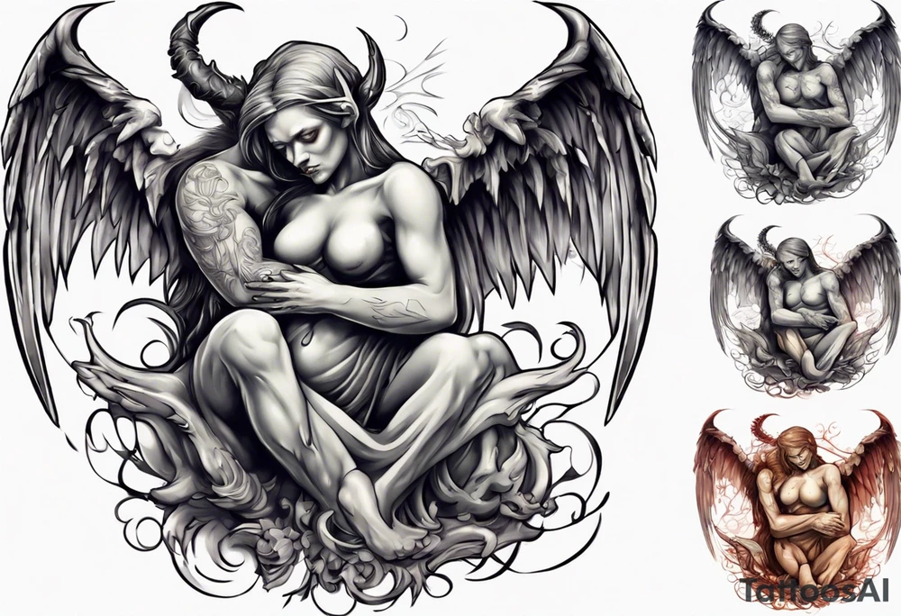Demon and angel hugging each other tattoo idea