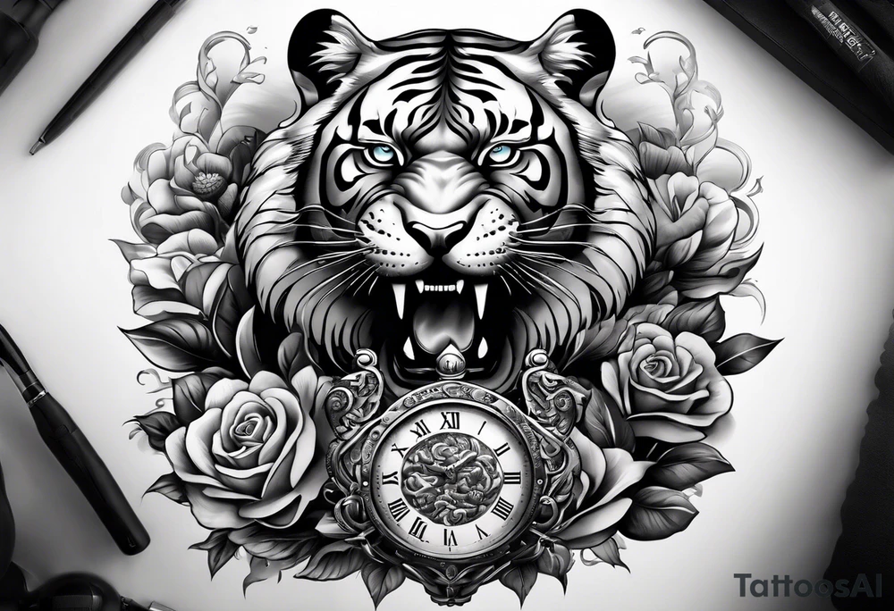 King tiger on top of Hour glass with Brain and heart inside
Full detailed sleeve tattoo idea