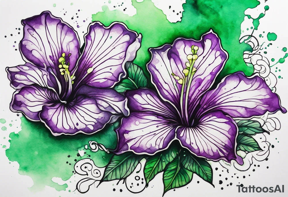 A mystical outline of a green and purple rio dipladenia flower and a green and purple watercolor splash in the background tattoo idea