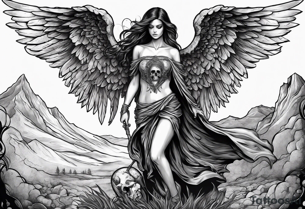 Angel in black holding a skull walking on scorched earth tattoo idea
