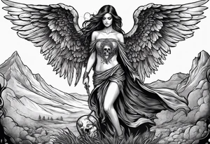 Angel in black holding a skull walking on scorched earth tattoo idea