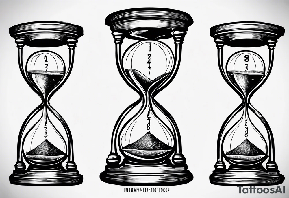 draw me a clock hourglass with numbers falling from the clock. in the hourglass tattoo idea