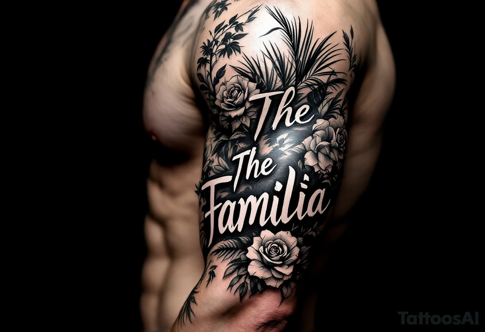 The Familia, with jungle leaves, roses,machete,palm trees tattoo idea