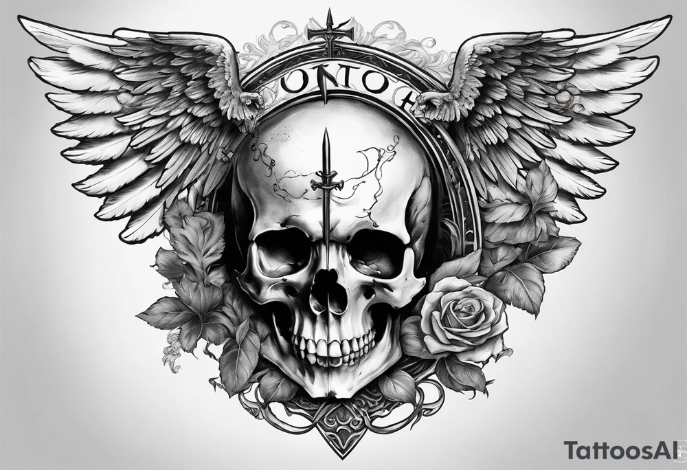 In the center is a half skull pierced by a large sword. On either side of the skull, there are spread angel wings, Beneath the skull is a ribbon weaves through both the skull and the sword tattoo idea