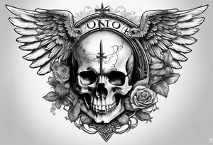 In the center is a half skull pierced by a large sword. On either side of the skull, there are spread angel wings, Beneath the skull is a ribbon weaves through both the skull and the sword tattoo idea