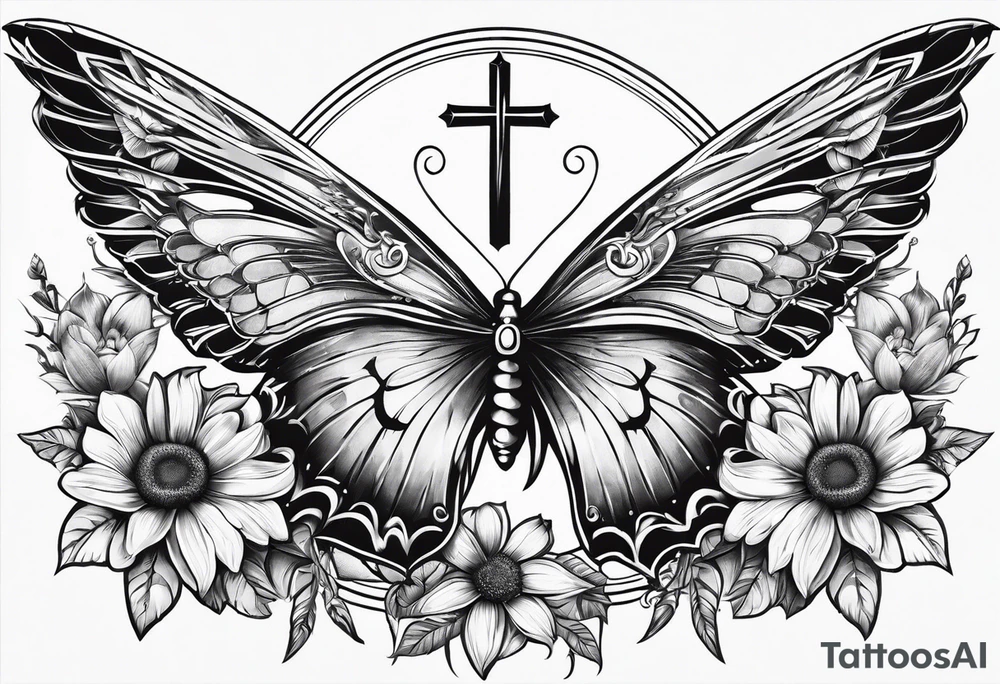 Arm sleeve with Winged cross with sunflower and butterflies tattoo idea