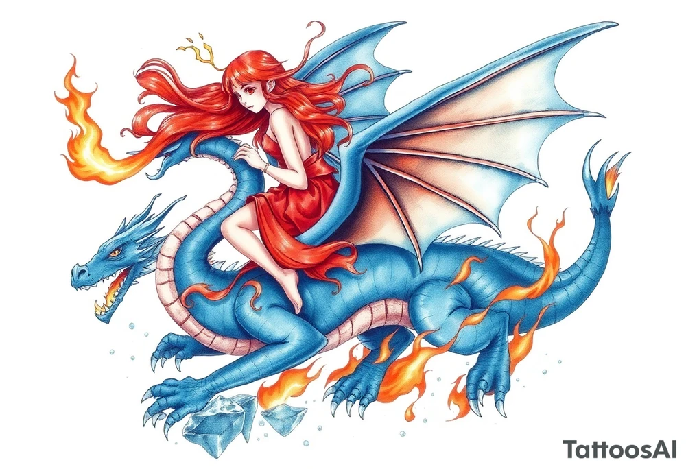 Redheaded girl on a blue dragon who is breathing fire with wings spread and flying over ice and flames tattoo idea