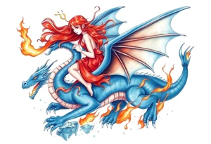 Redheaded girl on a blue dragon who is breathing fire with wings spread and flying over ice and flames tattoo idea