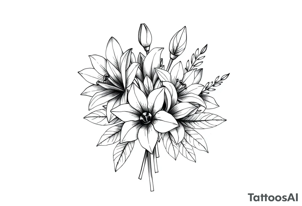 palm sized flower bouquet that has daffodil, violet and narcisuss tattoo idea