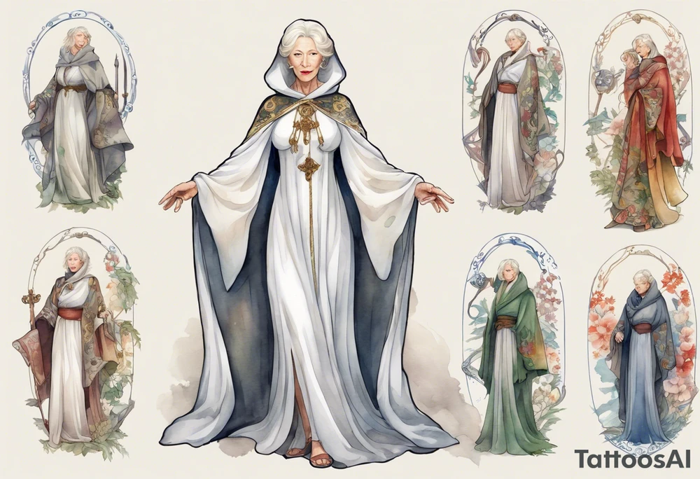 medieval Helen Mirren dressed in white cloak tattoo idea